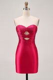 Fuchsia Strapless Cut Out Beaded Bodycon Homecoming Dress