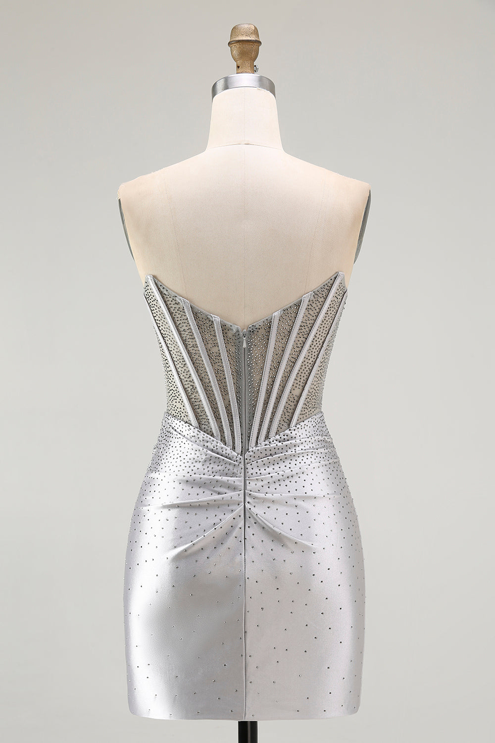 Grey Silver Strapless Beaded Satin Corset Mini Dress