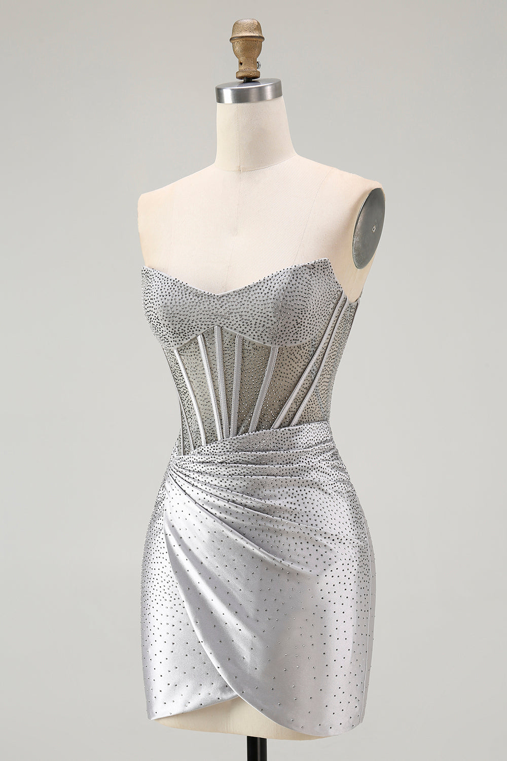 Grey Silver Strapless Beaded Satin Corset Mini Dress