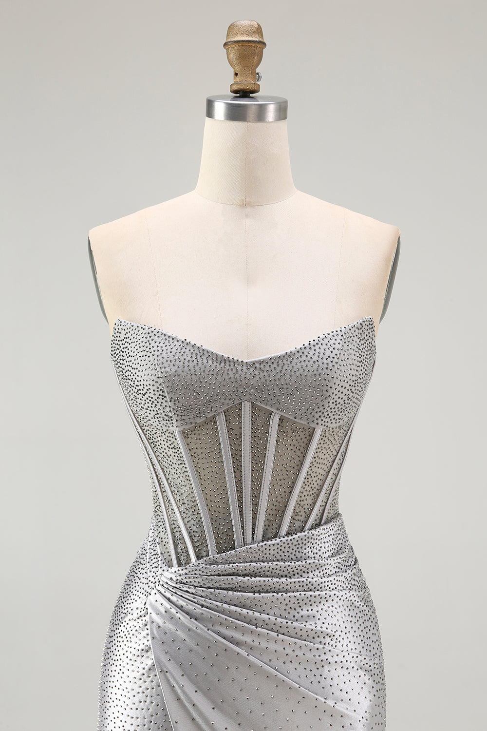 Grey Silver Strapless Beaded Satin Corset Mini Dress