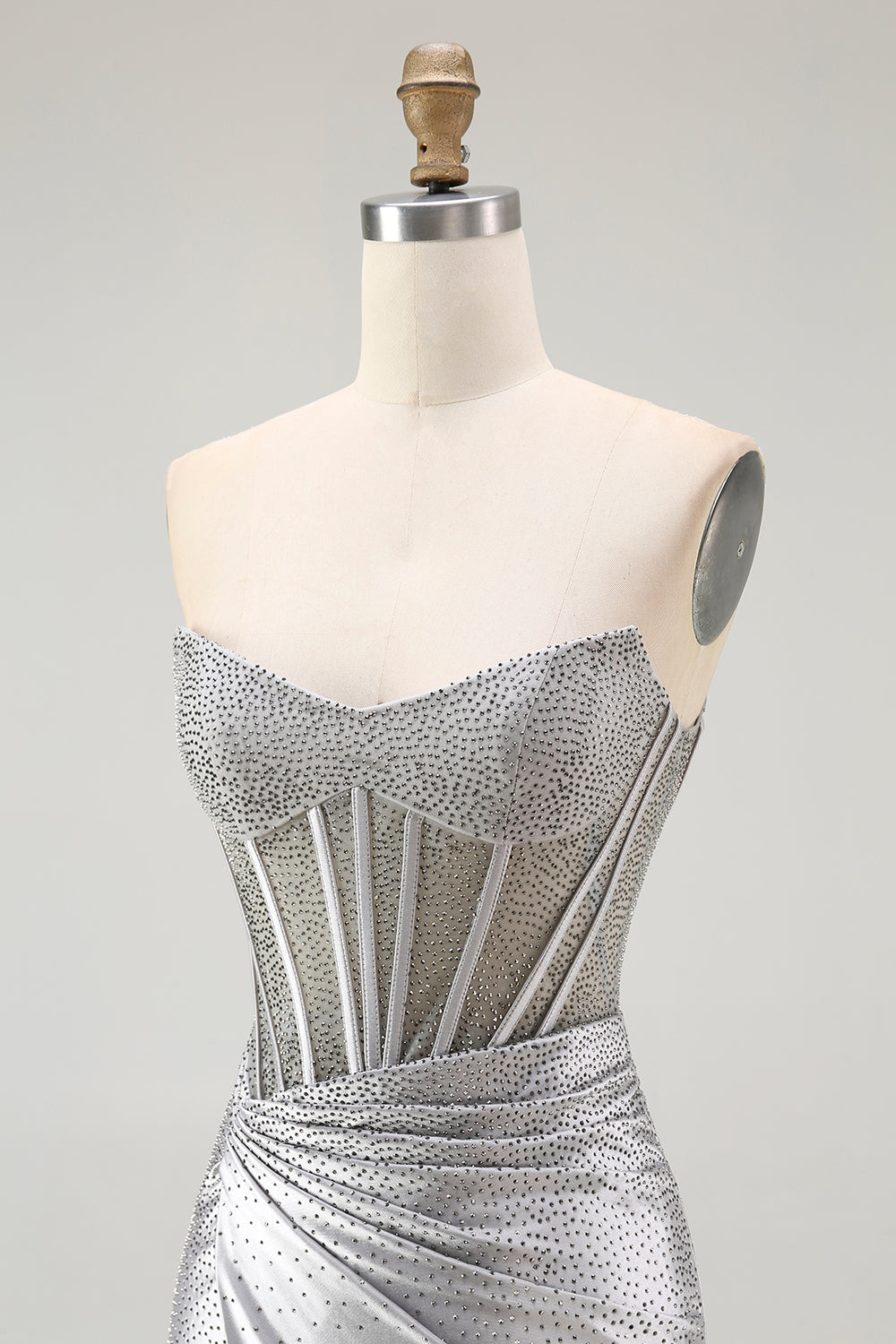 Grey Silver Strapless Beaded Satin Corset Mini Dress