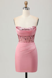 Strapless Corset Bodycon Blush Homecoming Dress with Sequins