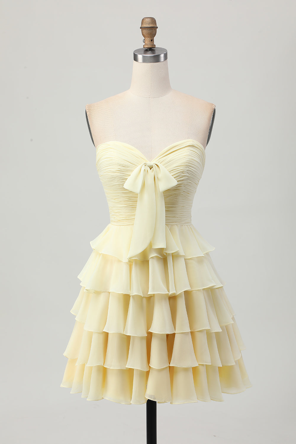 Yellow A Line Tiered Strapless Homecoming Dress with Bow
