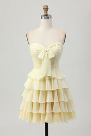 Yellow A Line Tiered Strapless Homecoming Dress with Bow
