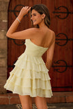 Yellow A Line Tiered Strapless Homecoming Dress with Bow
