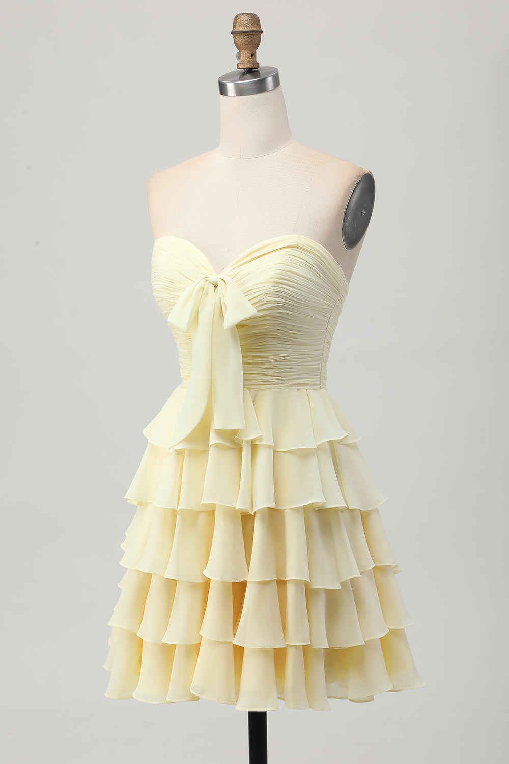 Yellow A Line Tiered Strapless Homecoming Dress with Bow