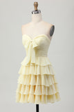 Yellow A Line Tiered Strapless Homecoming Dress with Bow