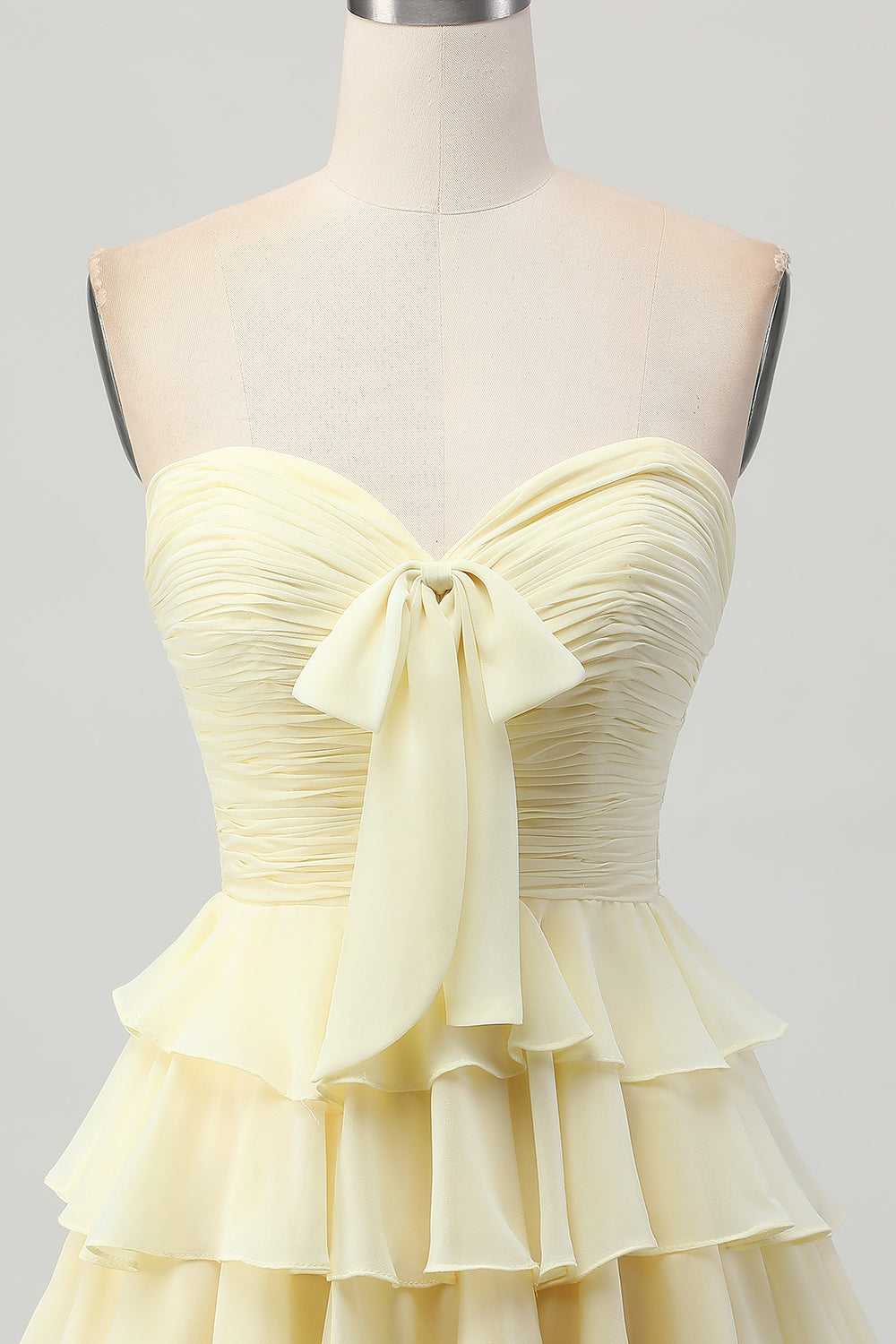 Yellow A Line Tiered Strapless Homecoming Dress with Bow