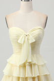 Yellow A Line Tiered Strapless Homecoming Dress with Bow