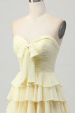 Yellow A Line Tiered Strapless Homecoming Dress with Bow