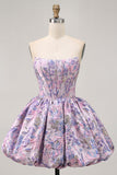 Strapless Floral Brocade Corset A Line Purple Homecoming Dress