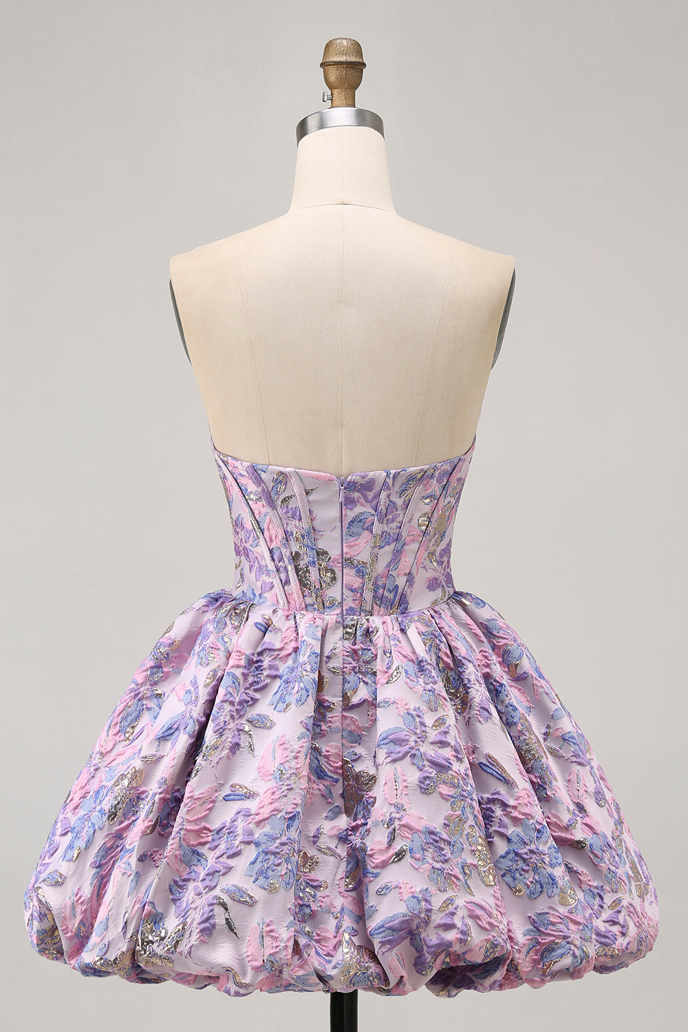 Strapless Floral Brocade Corset A Line Purple Homecoming Dress