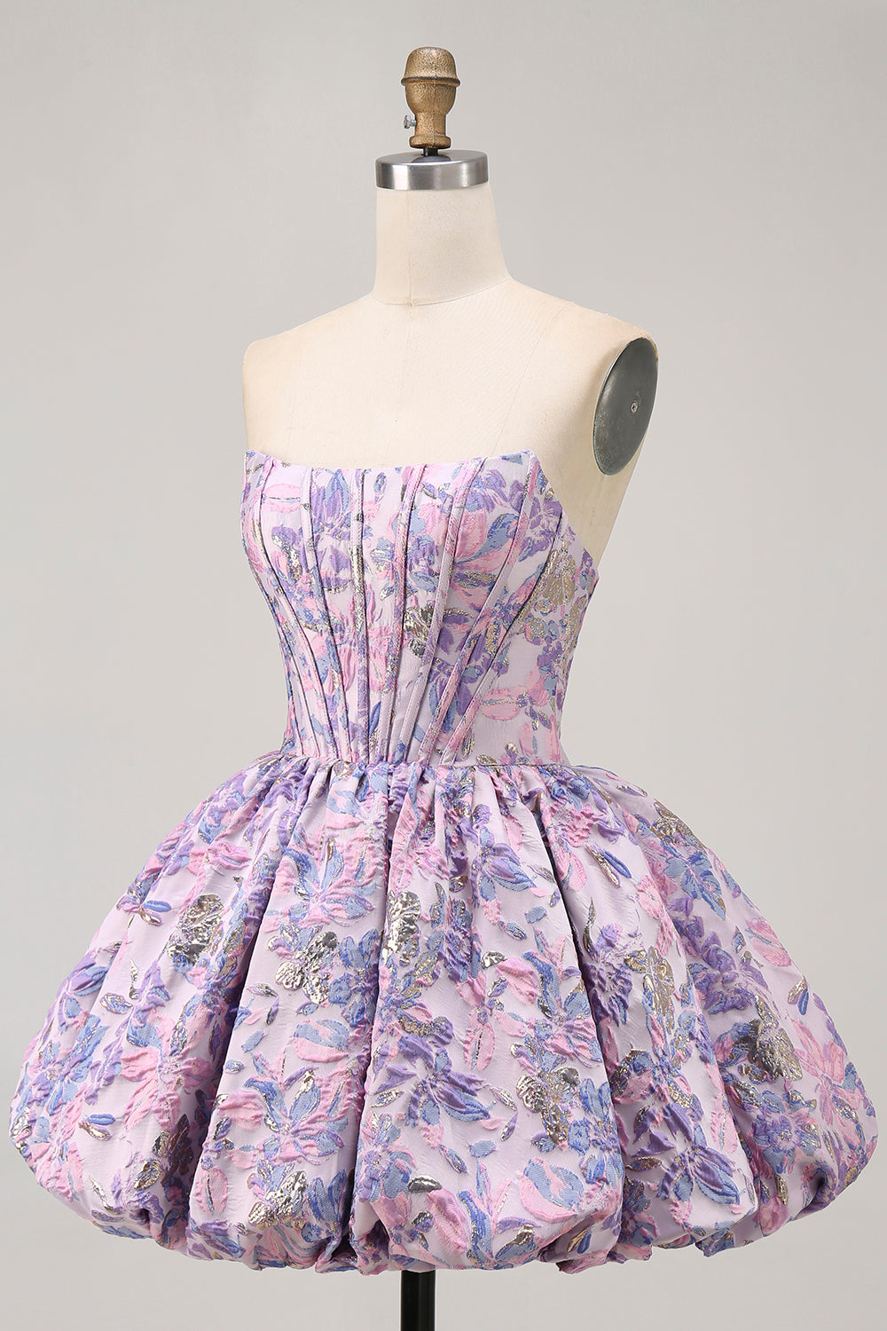 Floral Brocade A Line Strapless Yellow Homecoming Dress