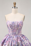 Strapless Floral Brocade Corset A Line Purple Homecoming Dress