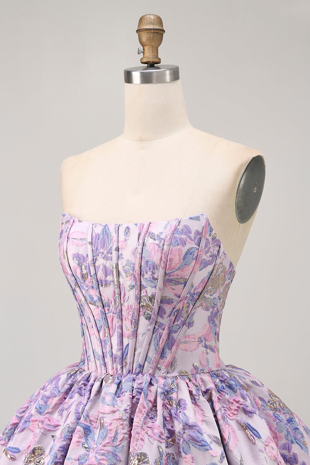 Strapless Floral Brocade Corset A Line Purple Homecoming Dress