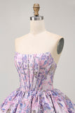 Strapless Floral Brocade Corset A Line Purple Homecoming Dress