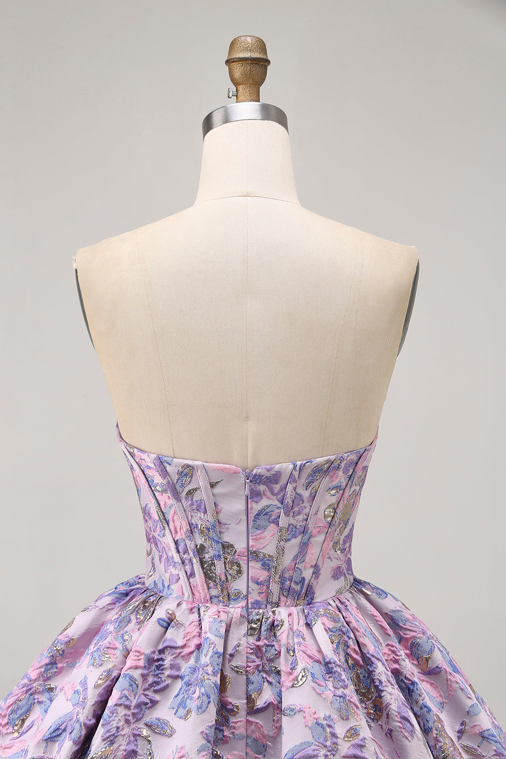Strapless Floral Brocade Corset A Line Purple Homecoming Dress