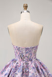 Strapless Floral Brocade Corset A Line Purple Homecoming Dress