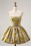 Floral Brocade A Line Strapless Yellow Homecoming Dress