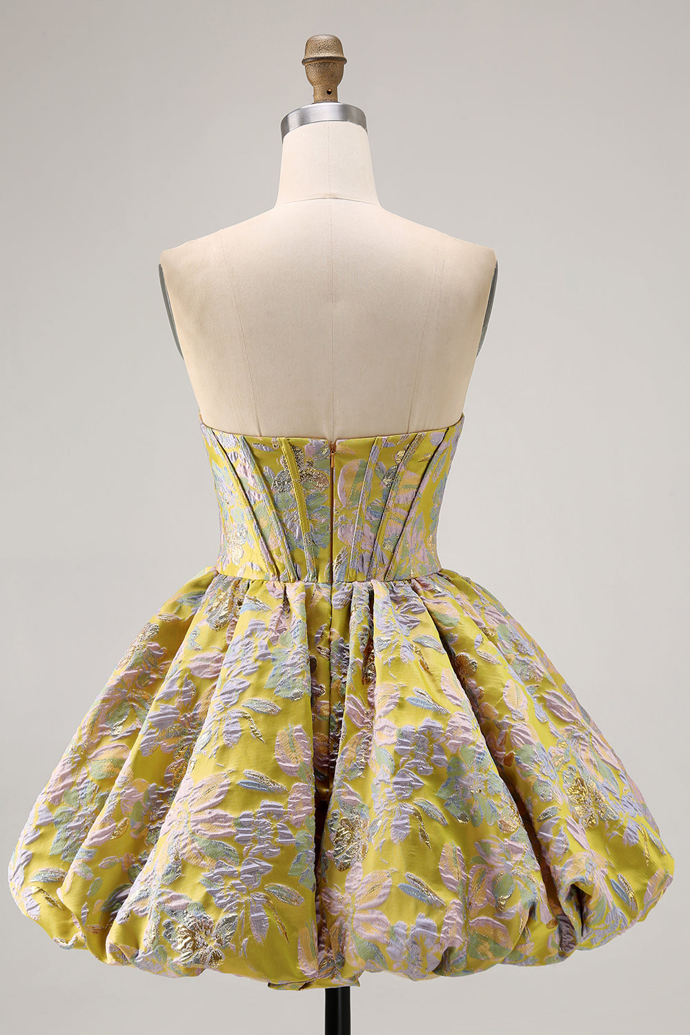 Floral Brocade A Line Strapless Yellow Homecoming Dress