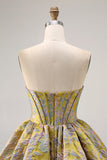 Floral Brocade A Line Strapless Yellow Homecoming Dress