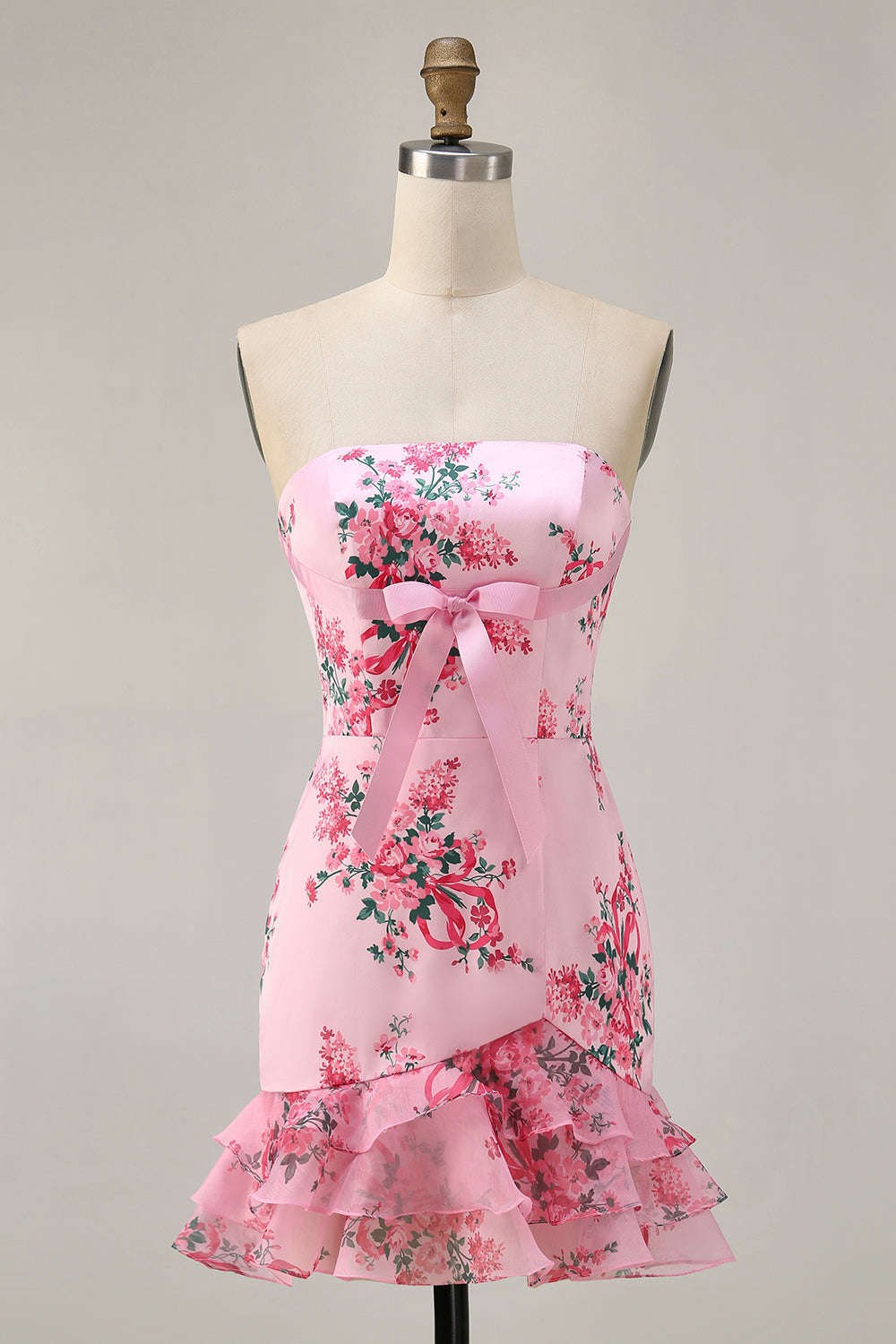 Pink Floral Printed Bodycon Strapless Homecoming Dress with Ruffles