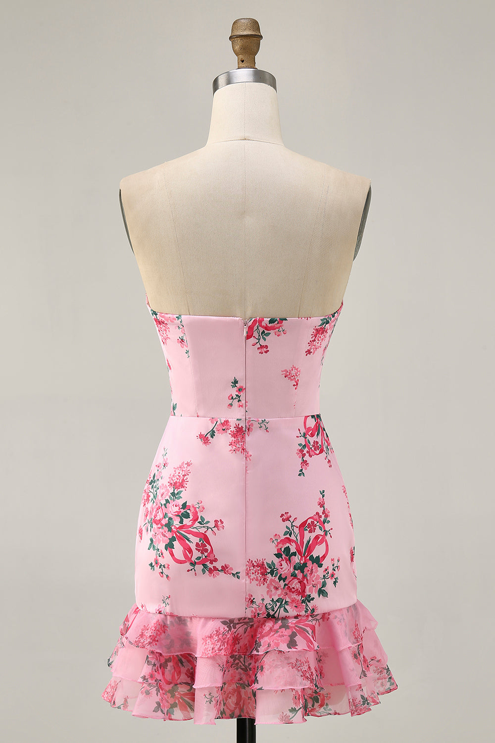 Pink Floral Printed Bodycon Strapless Homecoming Dress with Ruffles