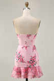 Pink Floral Printed Bodycon Strapless Homecoming Dress with Ruffles