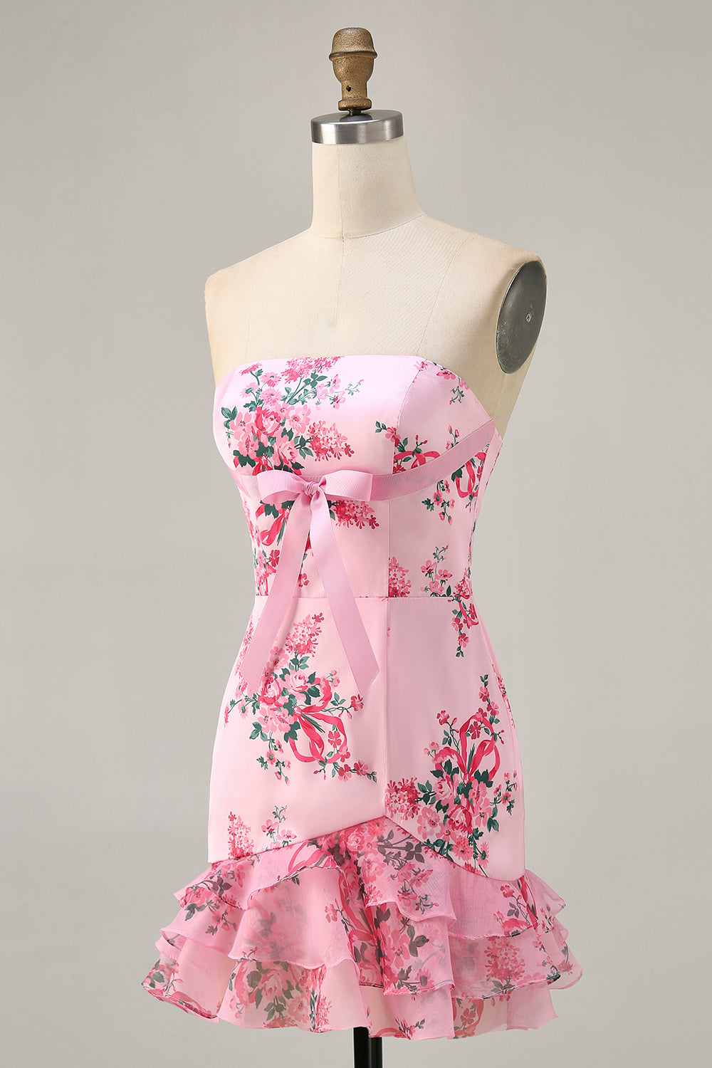 Pink Floral Printed Bodycon Strapless Homecoming Dress with Ruffles