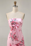 Pink Floral Printed Bodycon Strapless Homecoming Dress with Ruffles