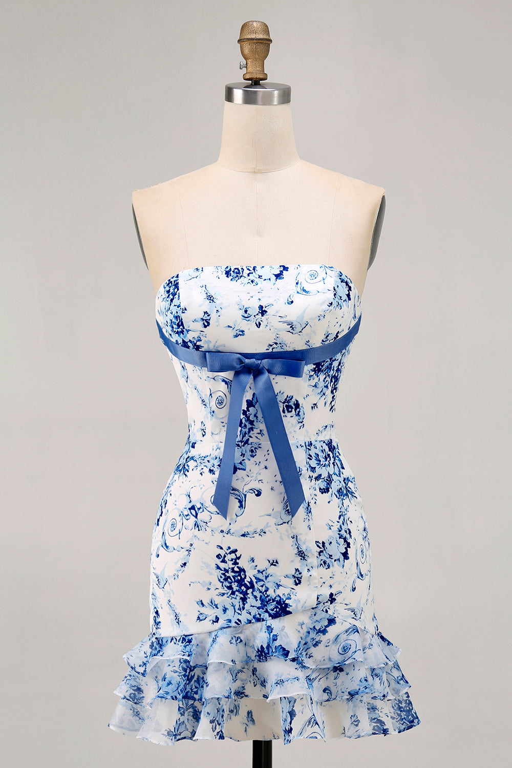 White Blue Flower Printed Bodycon Strapless Homecoming Dress