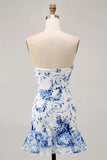 White Blue Flower Printed Bodycon Strapless Homecoming Dress