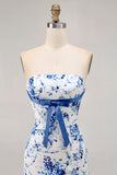 White Blue Flower Printed Bodycon Strapless Homecoming Dress