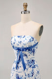 White Blue Flower Printed Bodycon Strapless Homecoming Dress