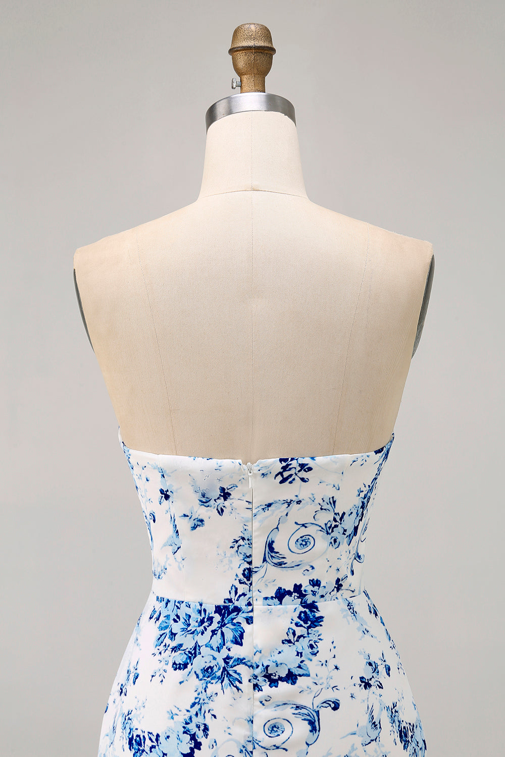 White Blue Flower Printed Bodycon Strapless Homecoming Dress