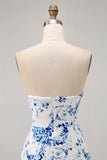 White Blue Flower Printed Bodycon Strapless Homecoming Dress