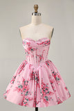 Pink Flower A-Line Printed Corset Strapless Homecoming Dress