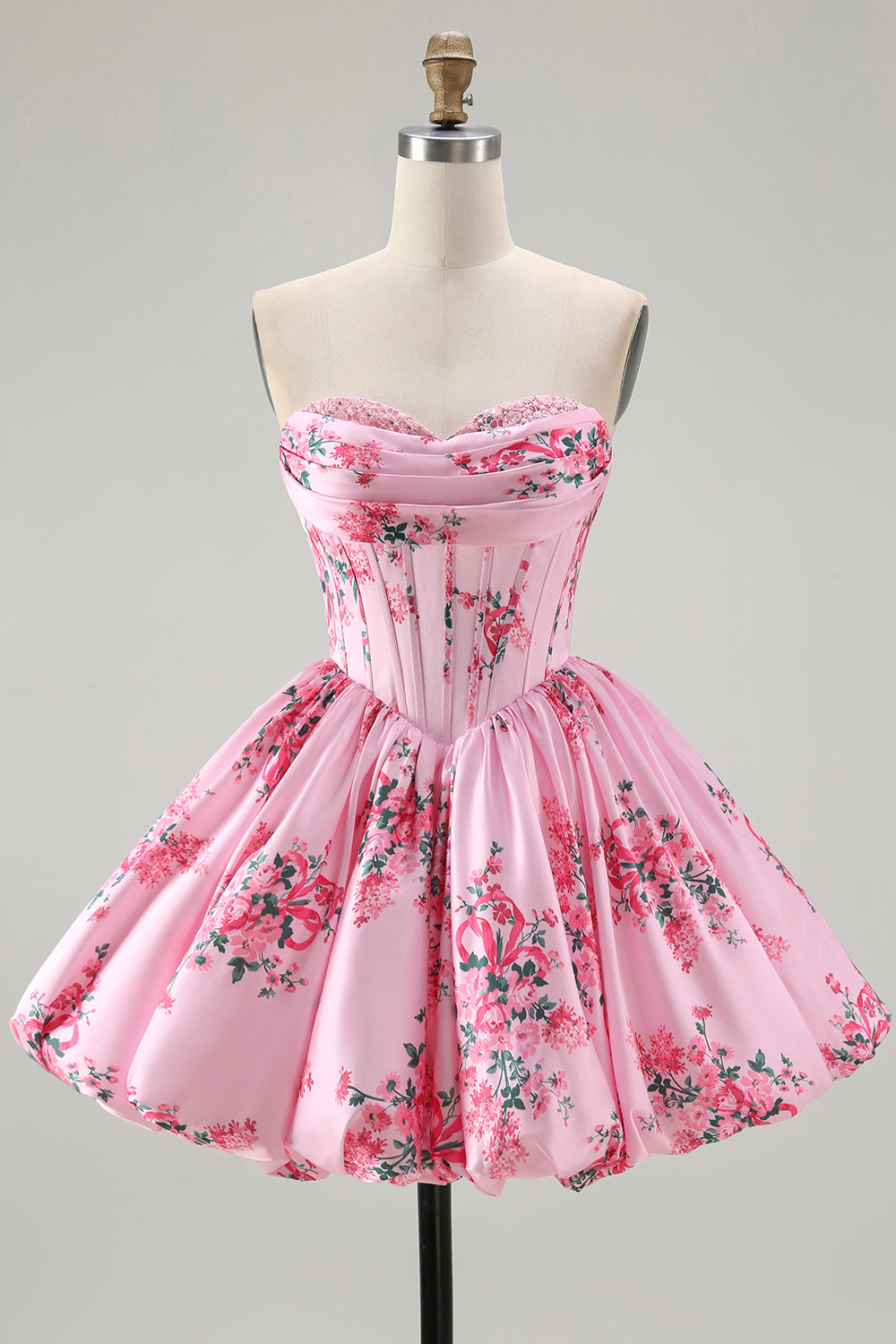 Pink Flower A-Line Printed Corset Strapless Homecoming Dress