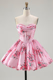 Pink Flower A-Line Printed Corset Strapless Homecoming Dress