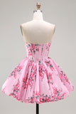 Pink Flower A-Line Printed Corset Strapless Homecoming Dress