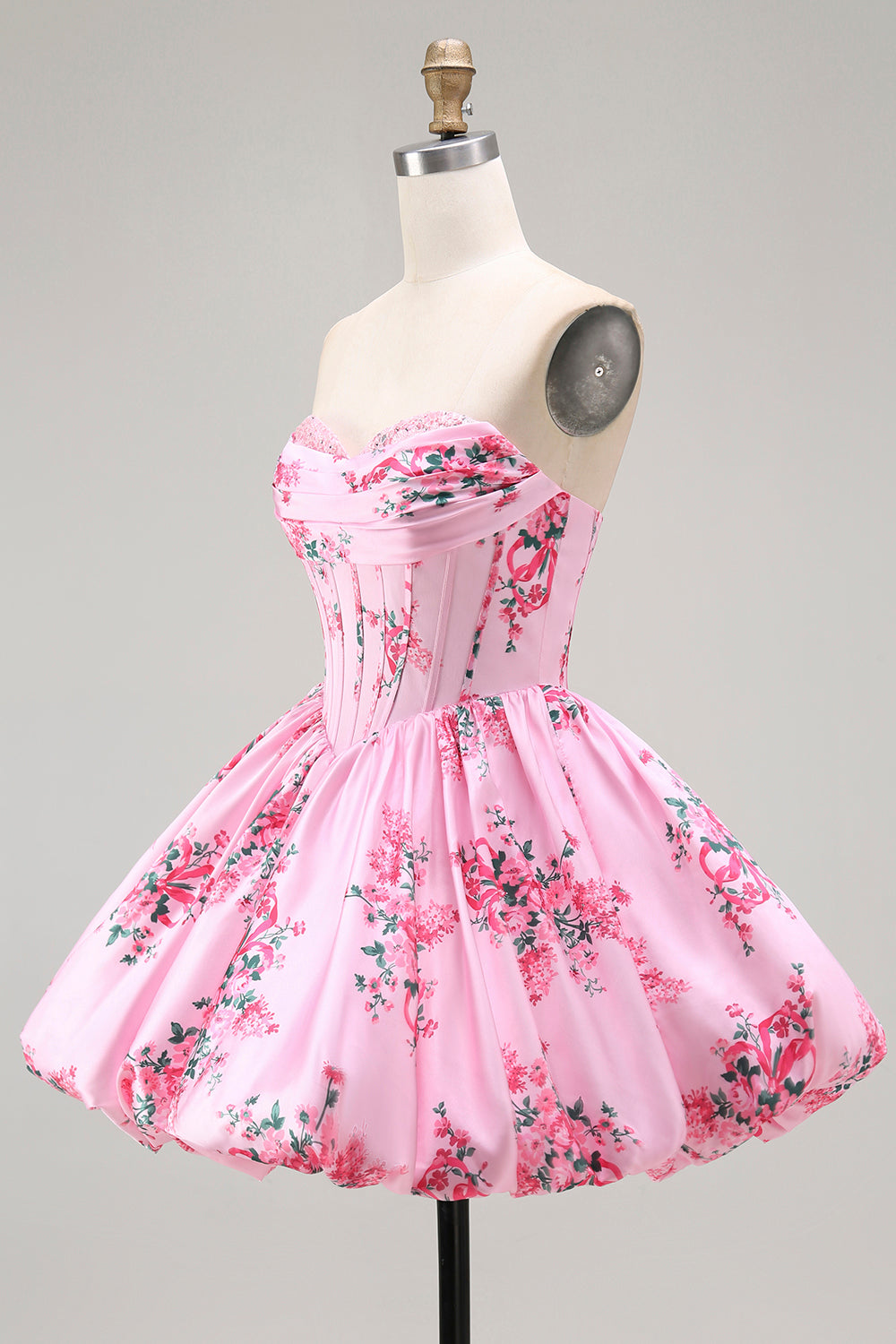 Pink Flower A-Line Printed Corset Strapless Homecoming Dress