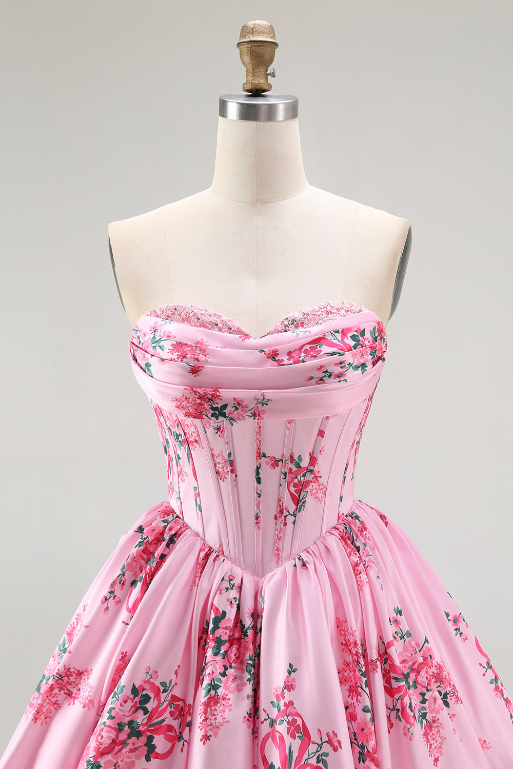 Pink Flower A-Line Printed Corset Strapless Homecoming Dress