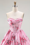Pink Flower A-Line Printed Corset Strapless Homecoming Dress