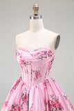 Pink Flower A-Line Printed Corset Strapless Homecoming Dress