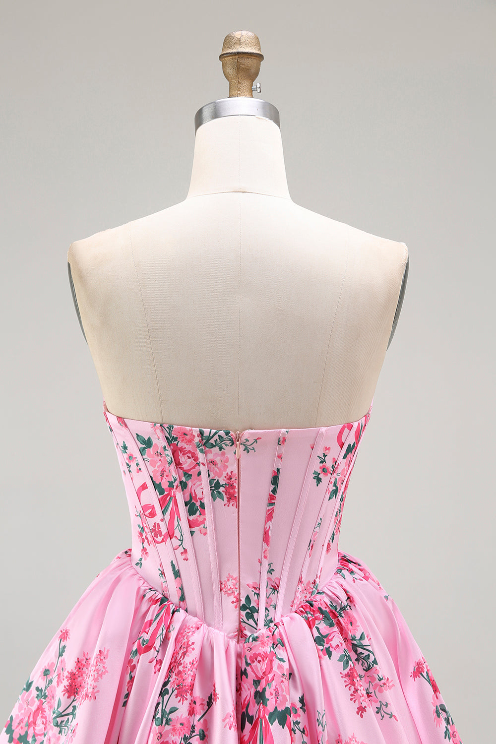 Pink Flower A-Line Printed Corset Strapless Homecoming Dress