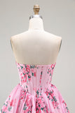 Pink Flower A-Line Printed Corset Strapless Homecoming Dress