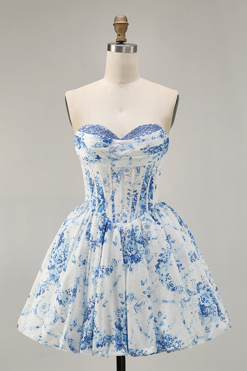 Strapless White Blue Flower Printed Corset A Line Homecoming Dress