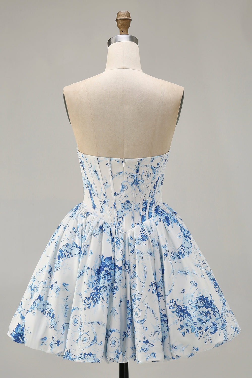 Strapless White Blue Flower Printed Corset A Line Homecoming Dress
