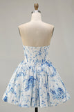 Strapless White Blue Flower Printed Corset A Line Homecoming Dress