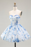 Pink Flower A-Line Printed Corset Strapless Homecoming Dress